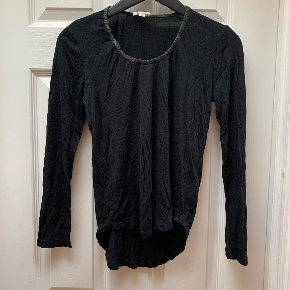 Leather Trim Collar Long Sleeve Shirt